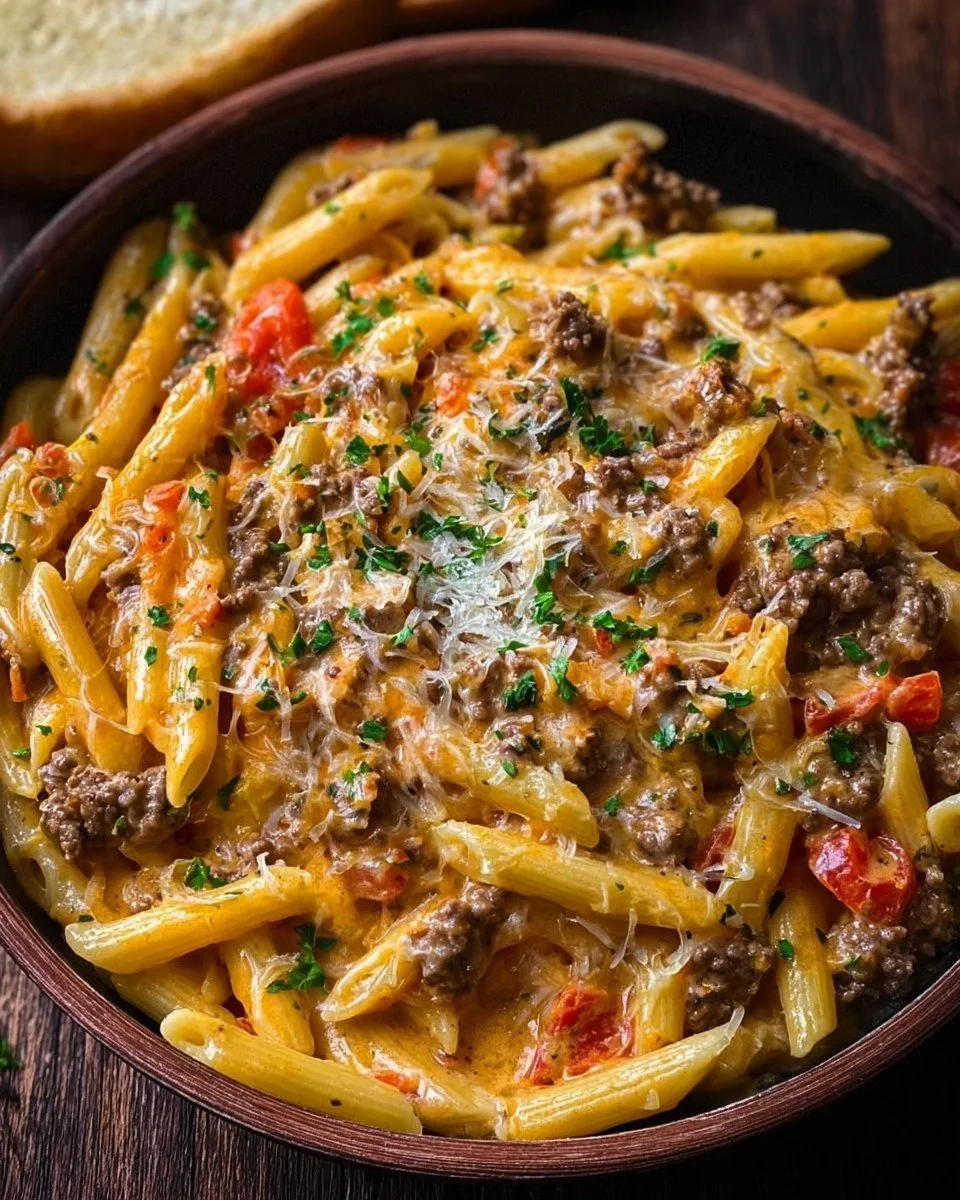 Creamy beef pasta served in a bowl with herbs and parmesan cheese