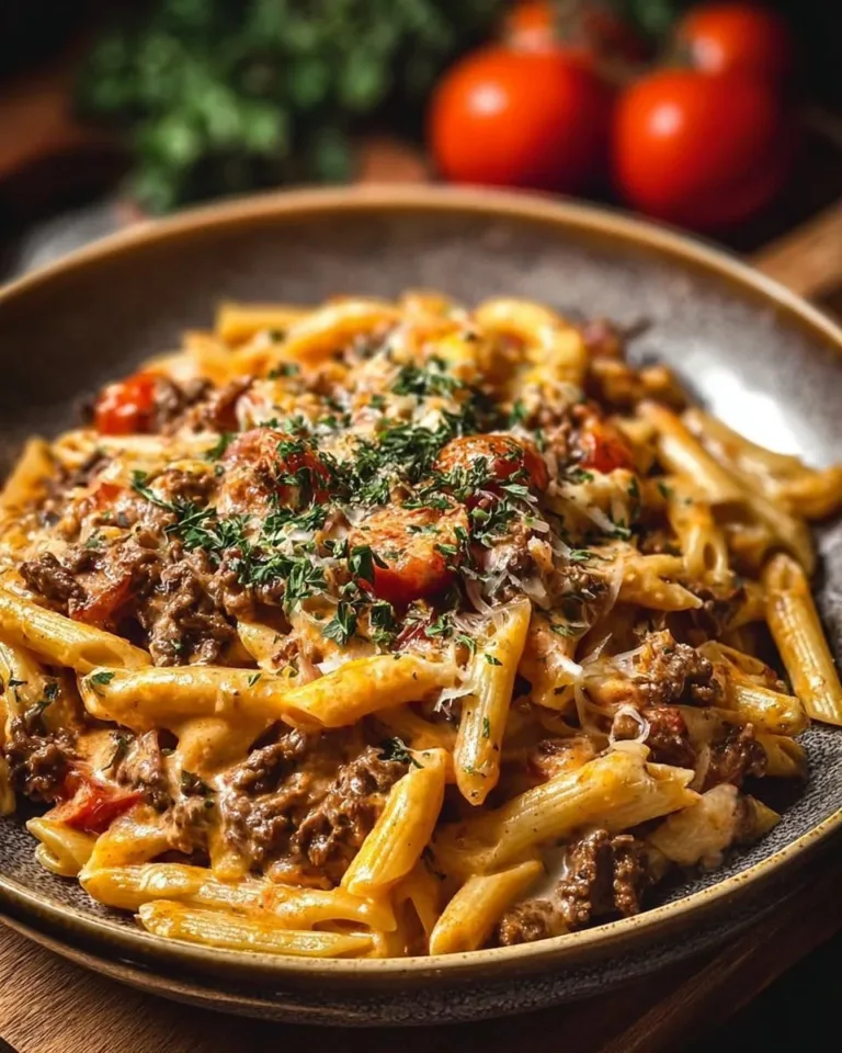 Creamy beef pasta dish garnished with herbs in a bowl