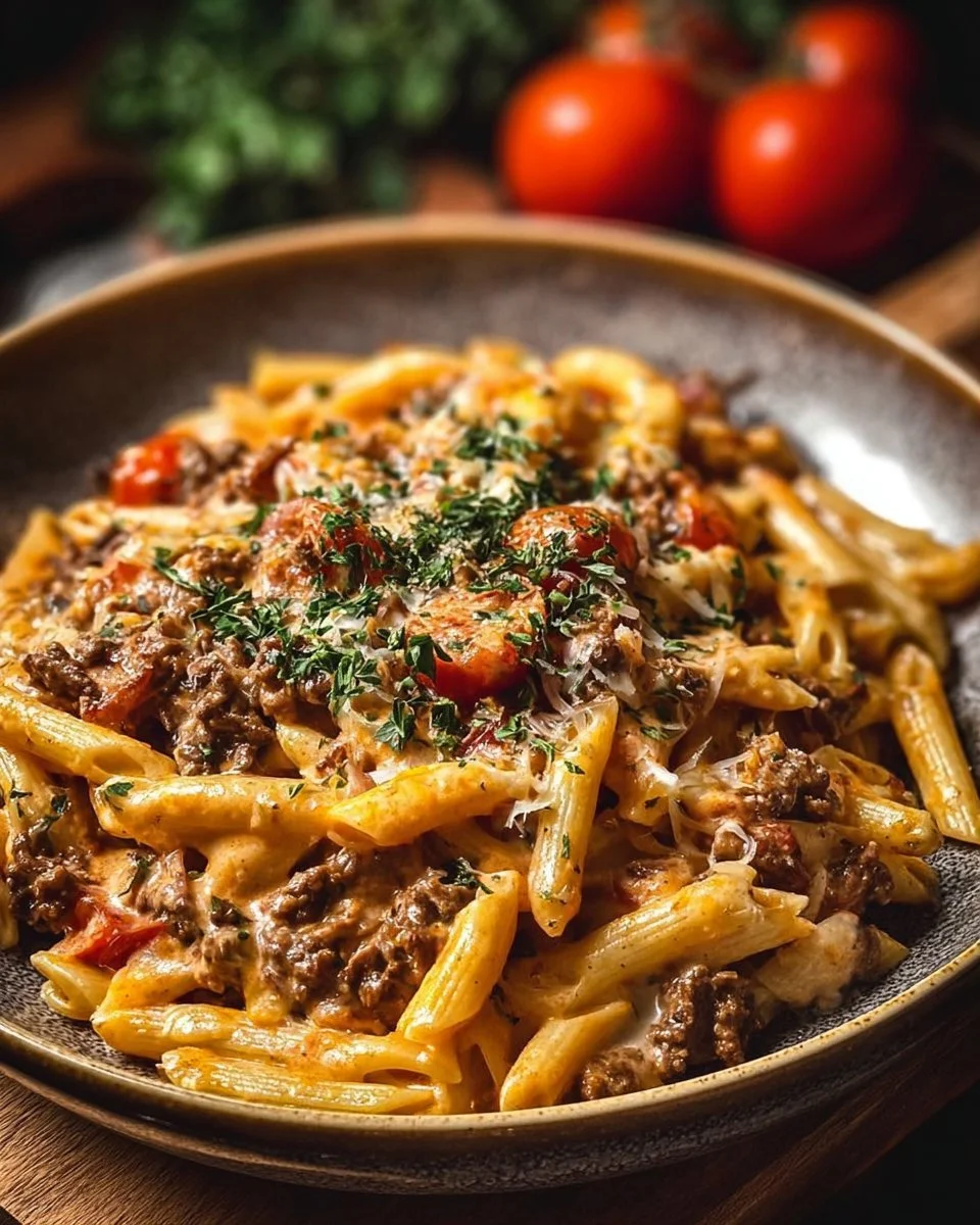 Creamy beef pasta dish garnished with herbs in a bowl