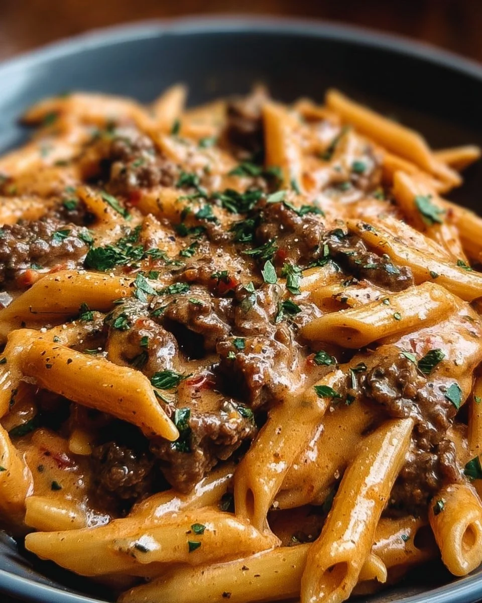 Creamy beef pasta dish with herbs and cheese served in a bowl