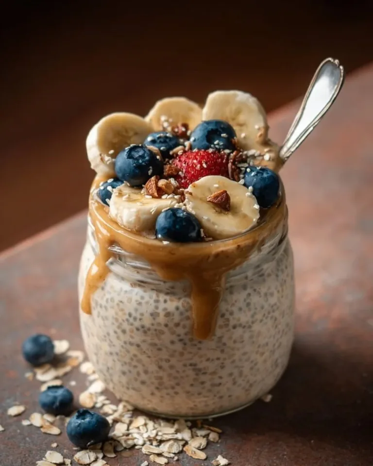 Creamy blended overnight oats served in a bowl with fresh fruit.