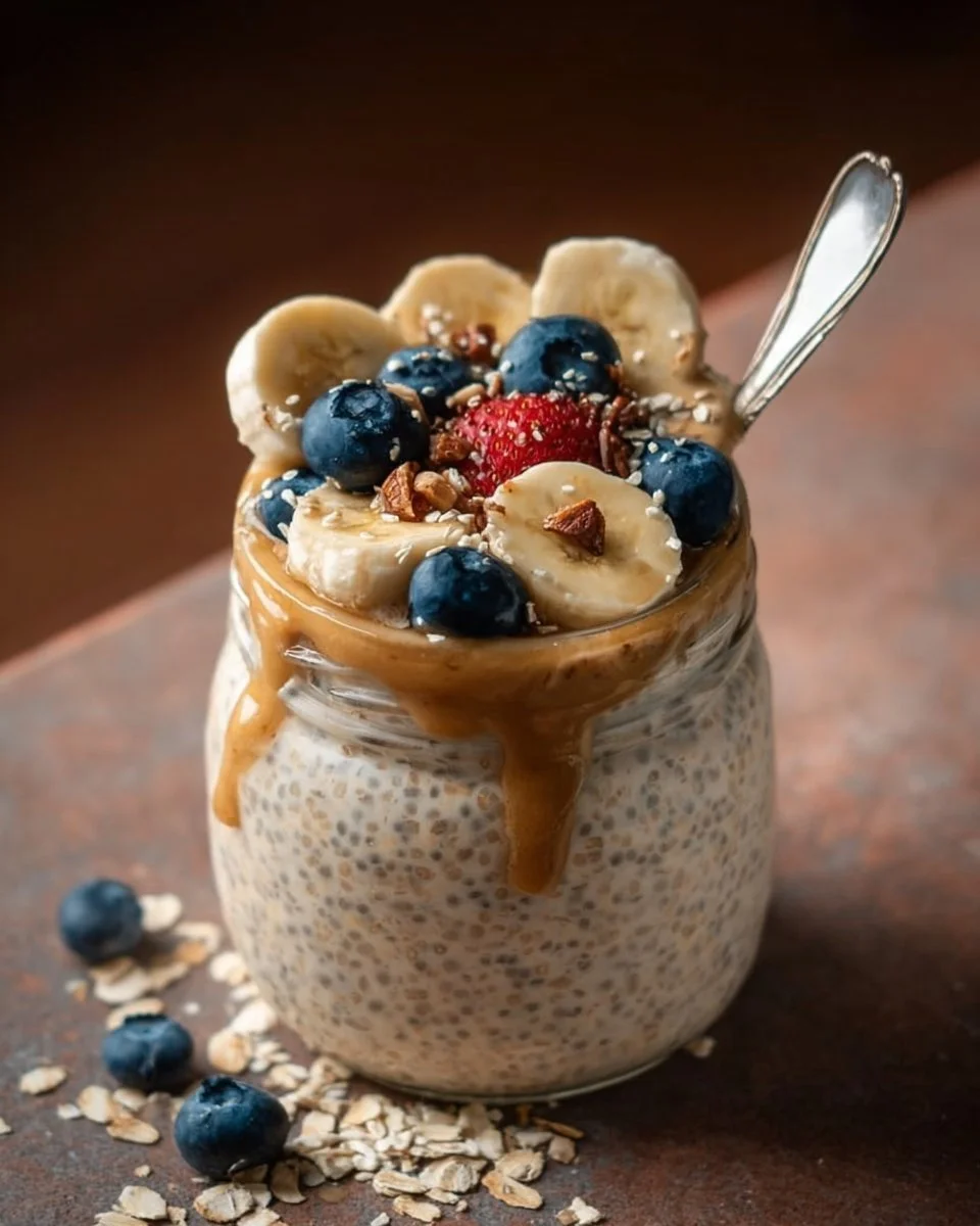 Creamy blended overnight oats served in a bowl with fresh fruit.