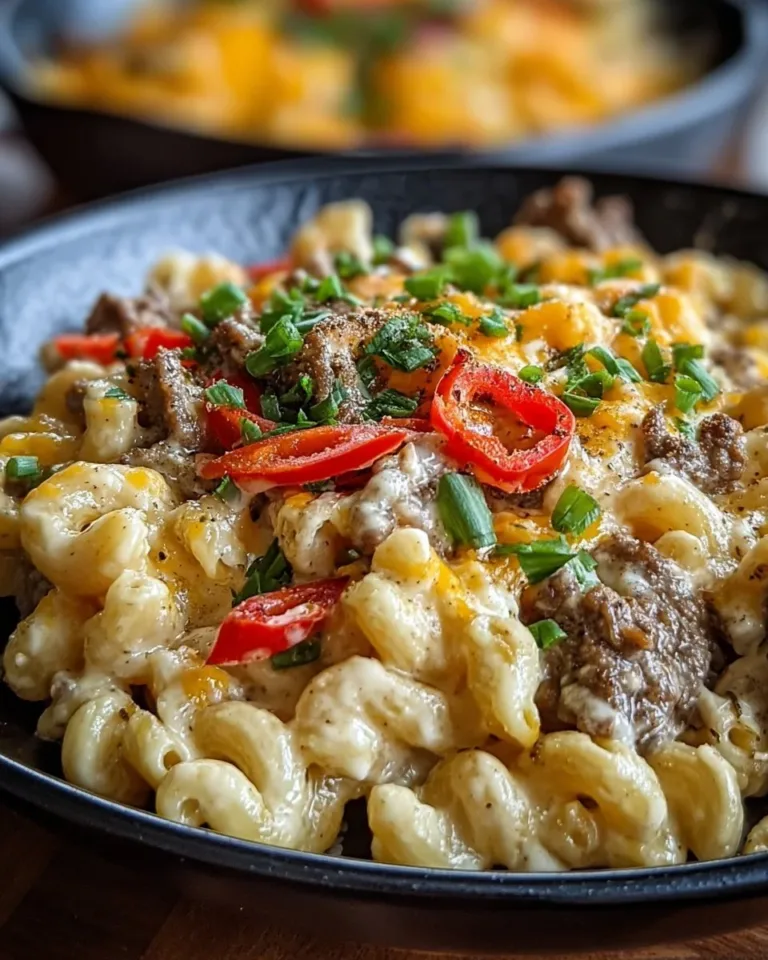Bowl of creamy cheesesteak mac topped with herbs and melted cheese