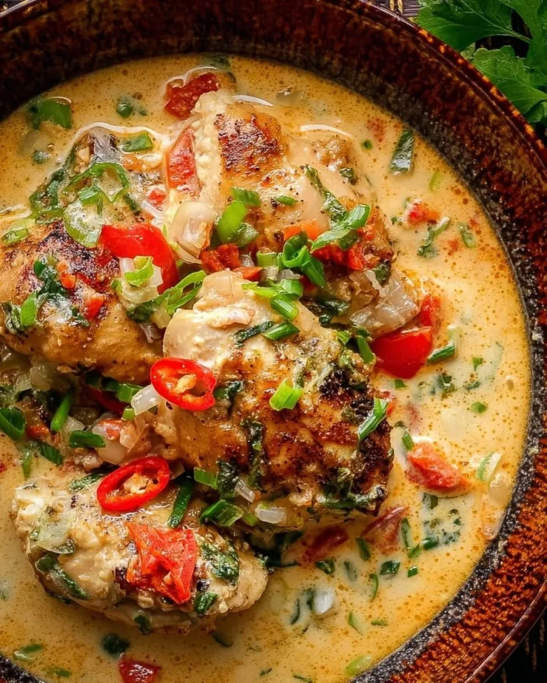 Creamy coconut milk chicken served with rice and vegetables