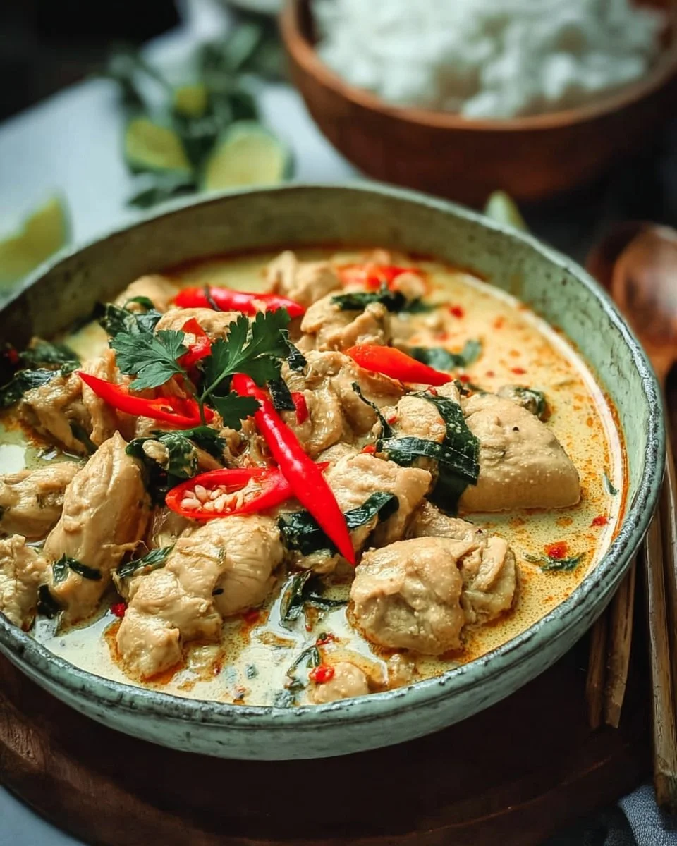 Delicious creamy coconut milk chicken served with herbs and spices
