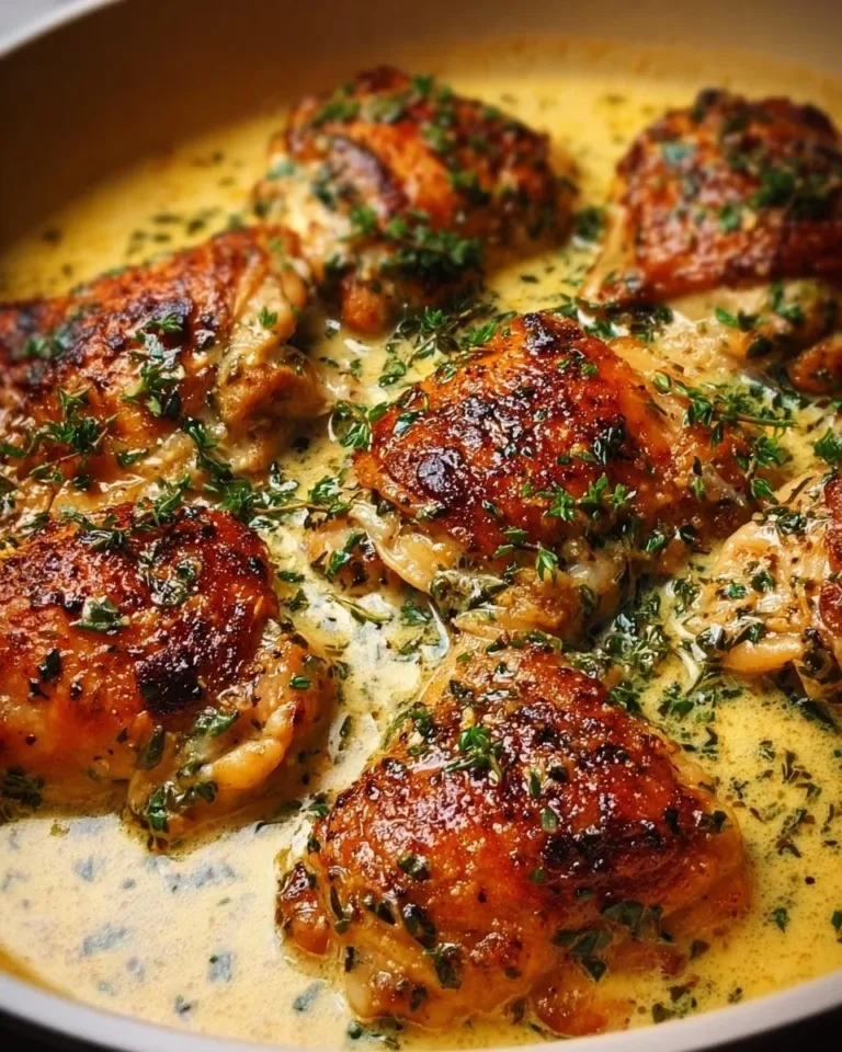 Creamy garlic chicken thighs served with herbs and vegetables
