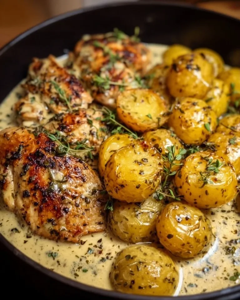 Plate of creamy garlic chicken served with roasted potatoes