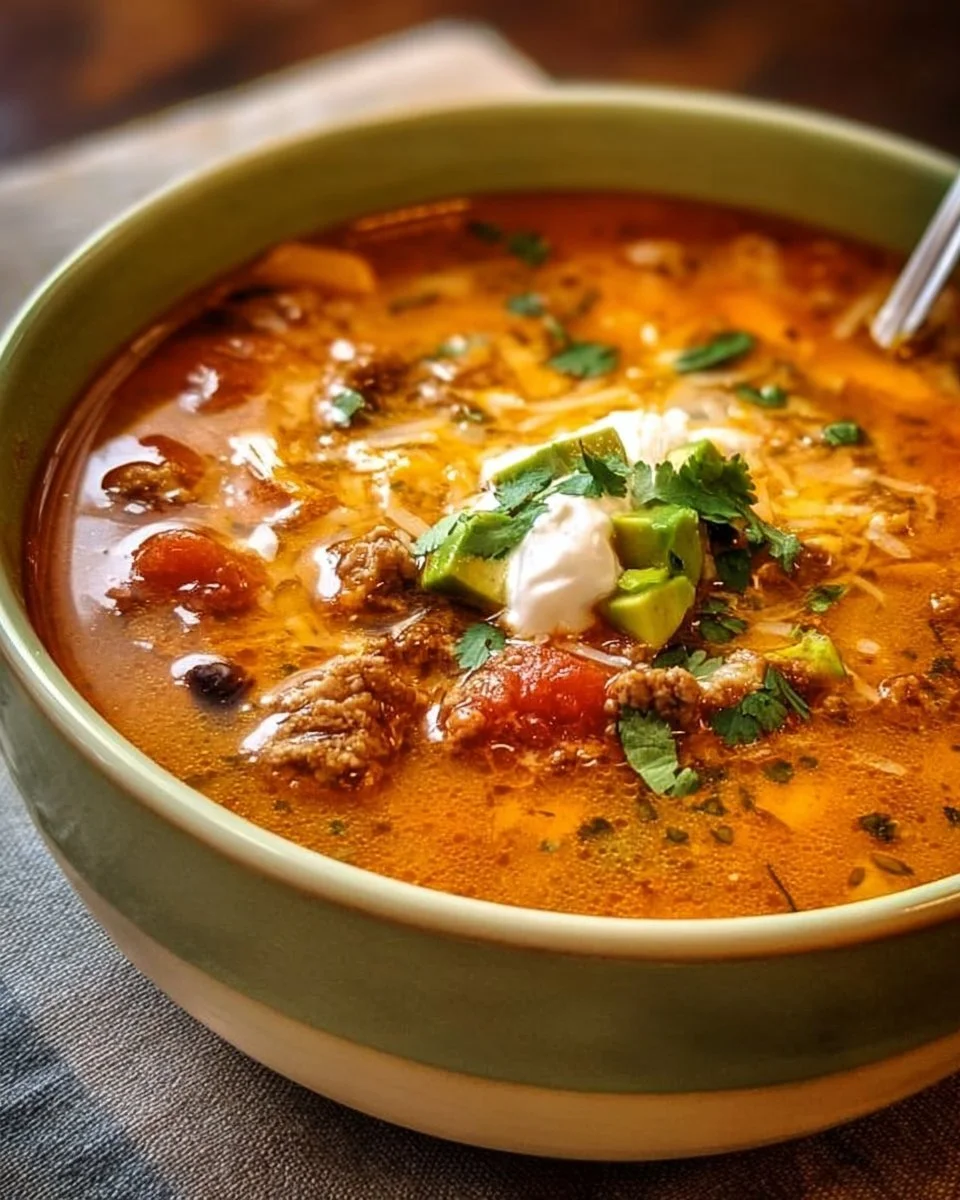 Creamy ground turkey tortilla soup garnished with tortilla strips and avocado.
