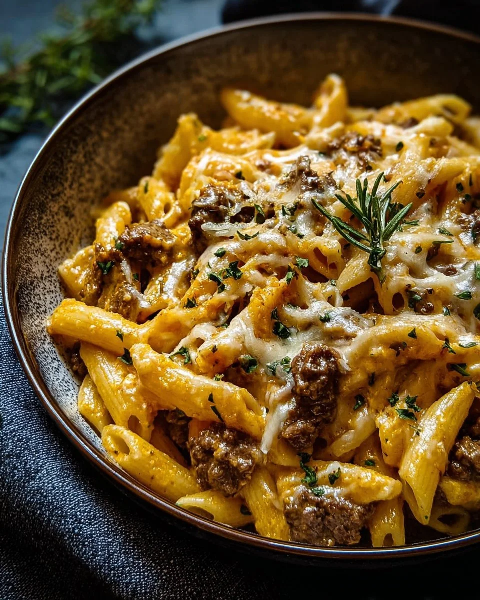 Creamy high-protein beef pasta dish garnished with parsley on a plate.