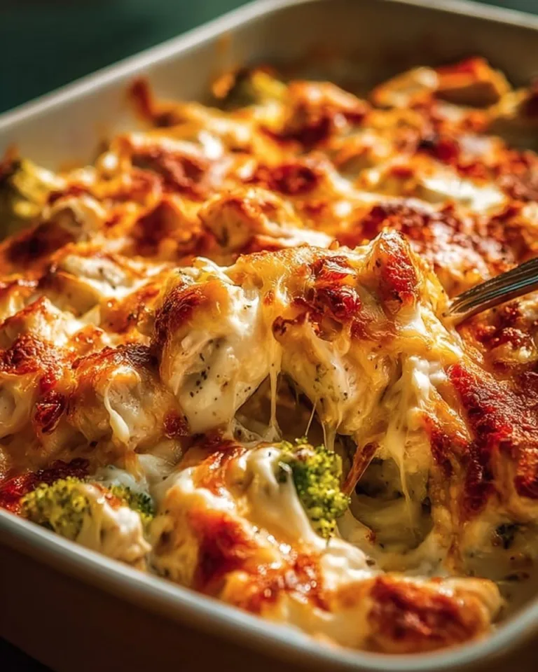 Creamy low carb chicken casserole dish served in a white bowl