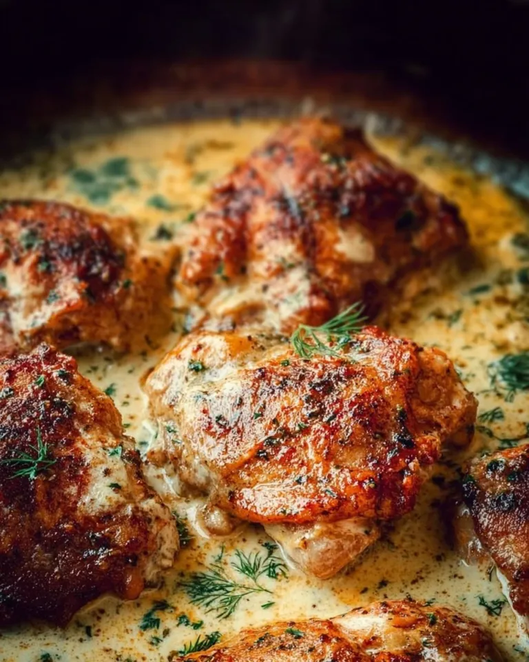 Creamy oven-baked chicken thighs garnished with herbs on a plate