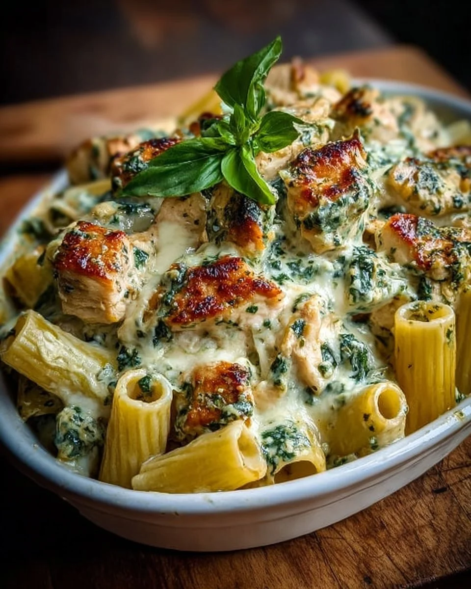 Creamy pesto chicken pasta bake topped with cheese and fresh basil