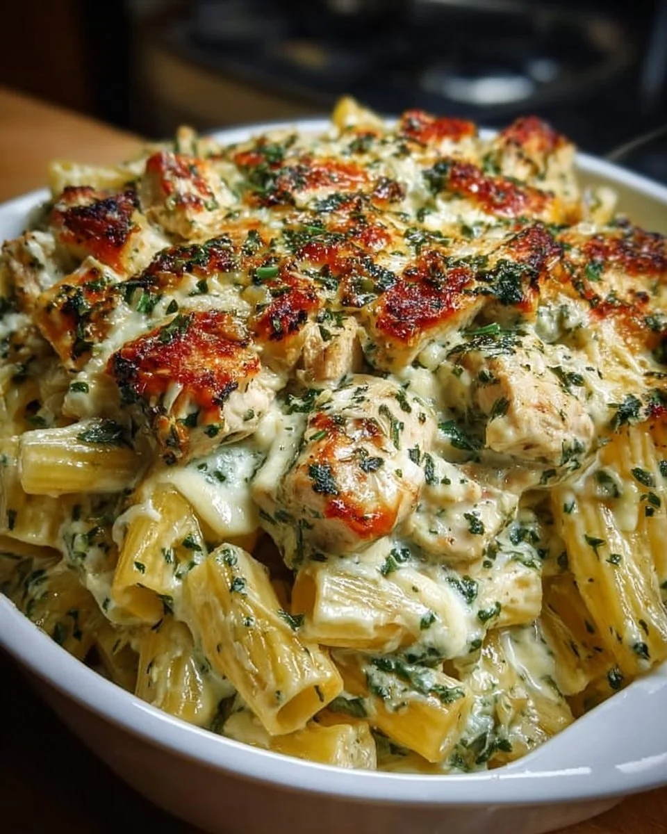 Creamy pesto chicken pasta bake topped with fresh basil and cheese