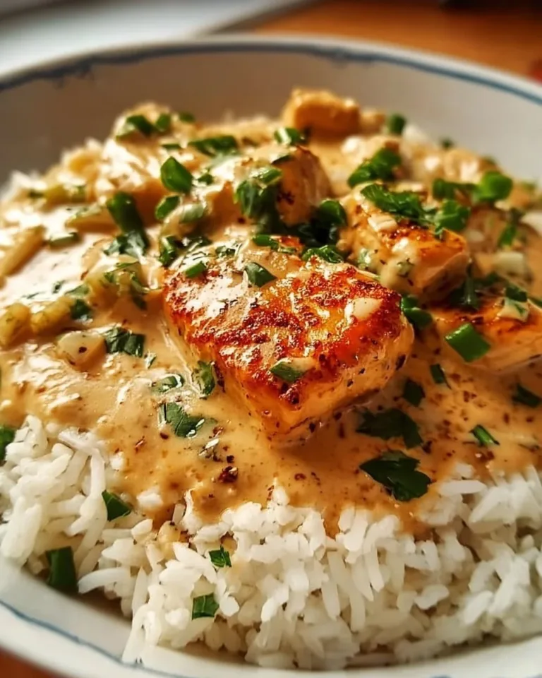 Creamy smothered chicken served over fluffy rice, garnished with herbs.