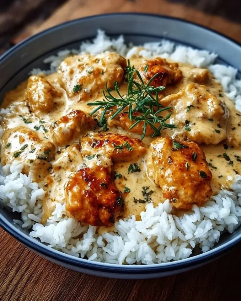 Creamy smothered chicken served over rice in a delicious sauce