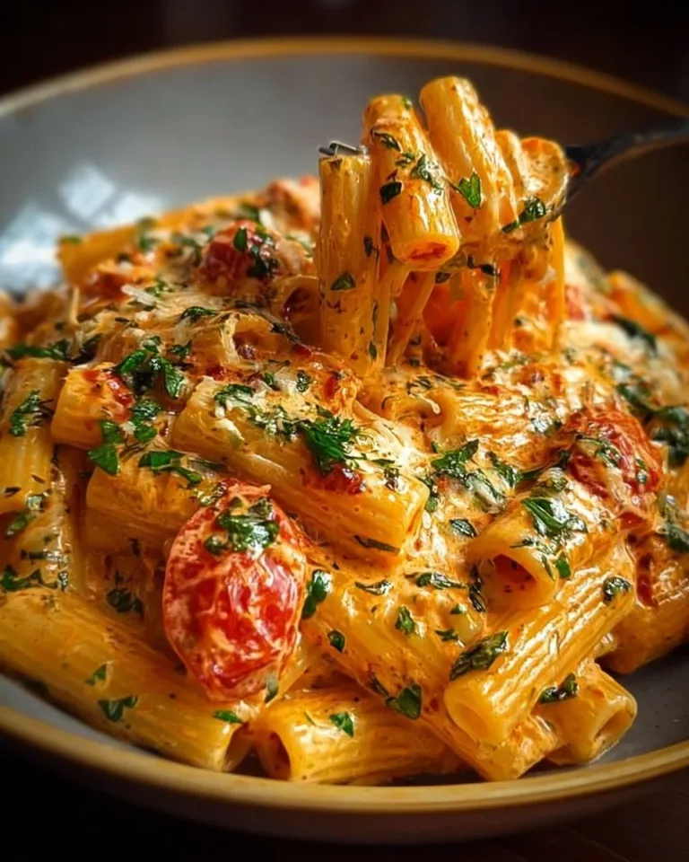 Creamy tomato garlic pasta dish garnished with fresh herbs.