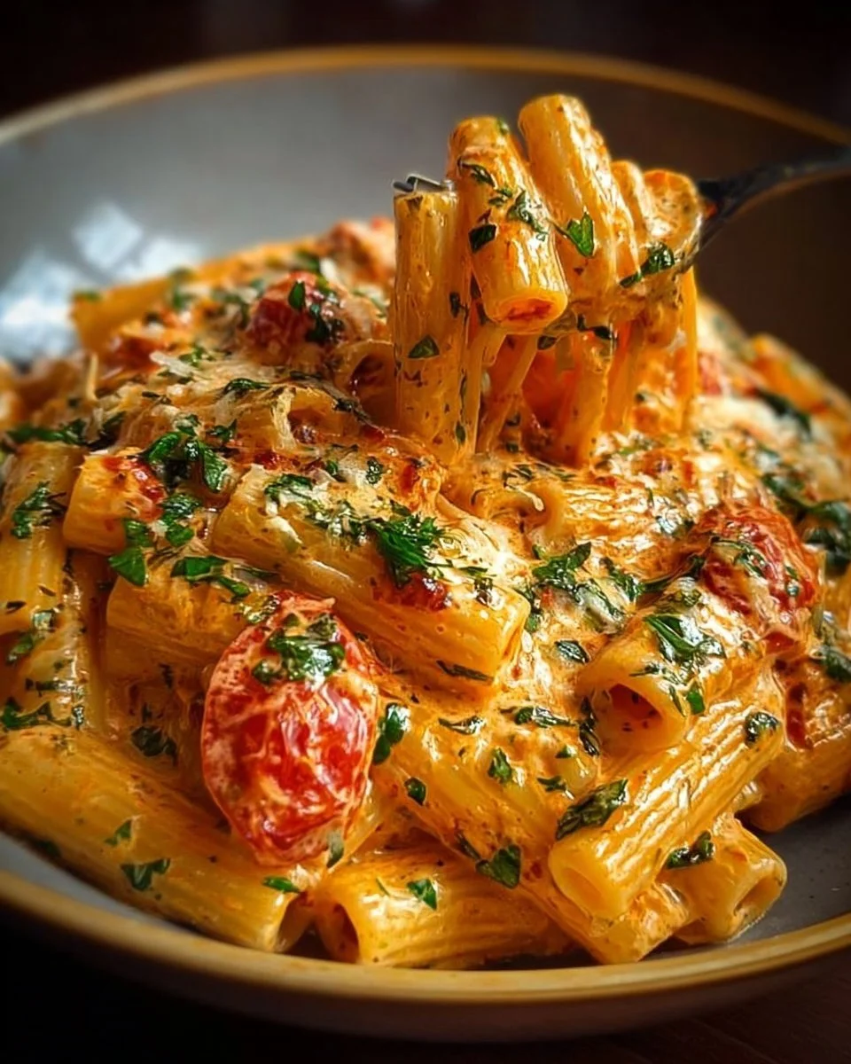 Creamy tomato garlic pasta dish garnished with fresh herbs.