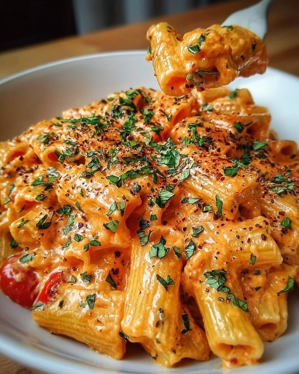 Bowl of creamy tomato garlic pasta garnished with fresh basil.