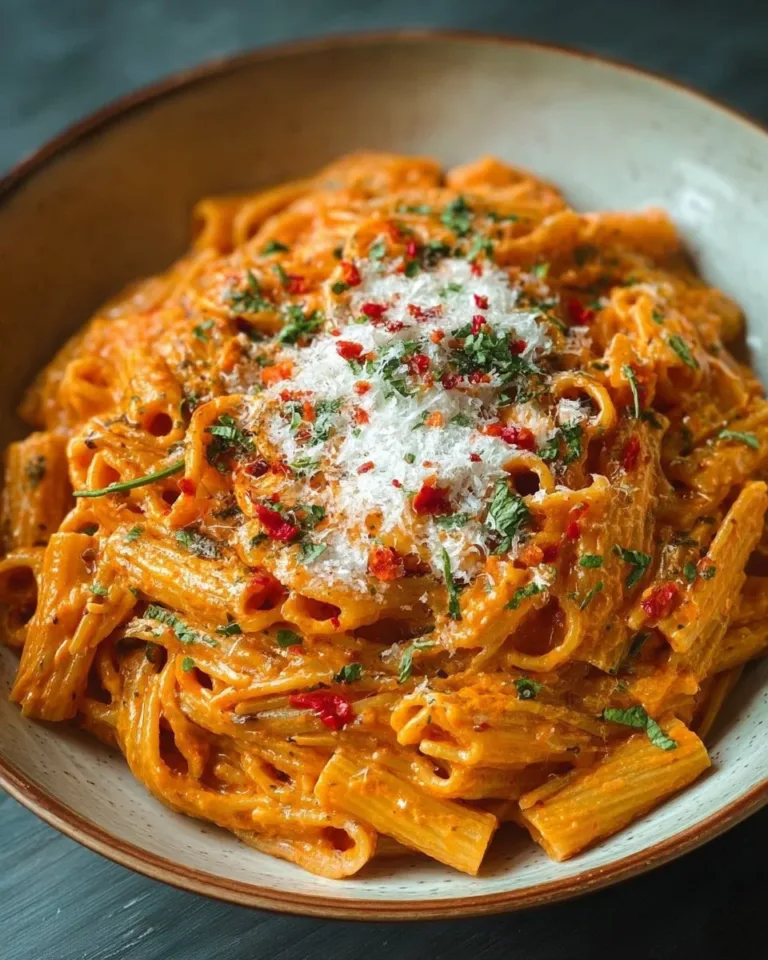 Creamy tomato garlic pasta dish garnished with fresh basil on a plate.