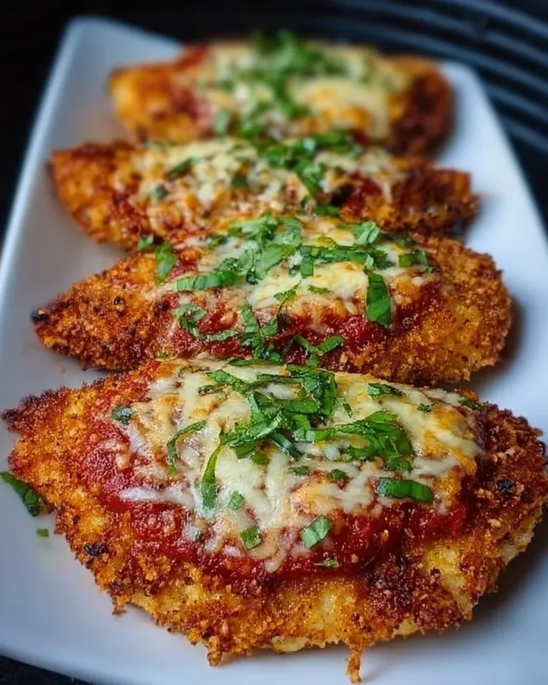Crispy air fryer chicken parmesan served on a plate with basil garnish