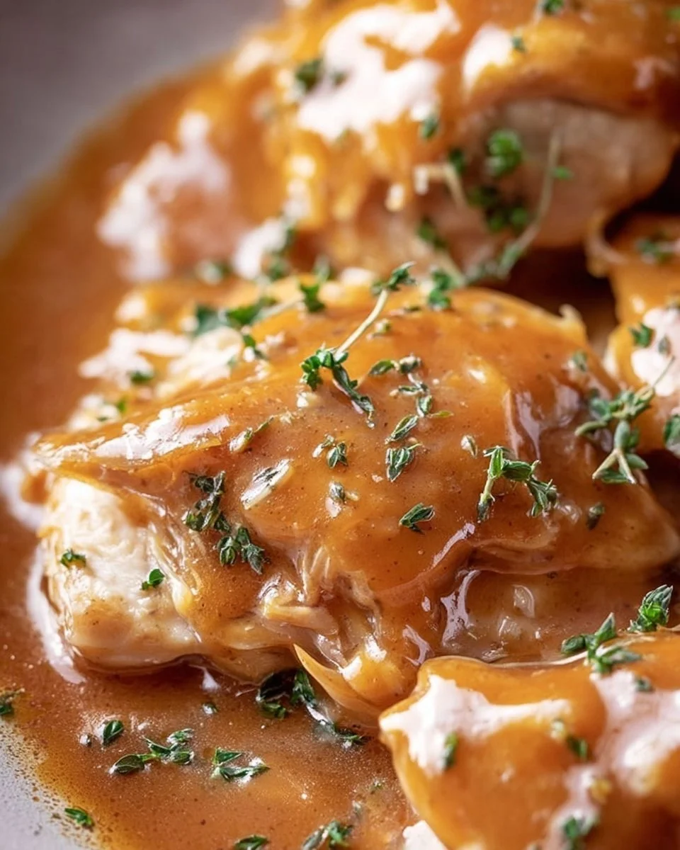 Delicious Crockpot Chicken Thighs with rich gravy in a slow cooker