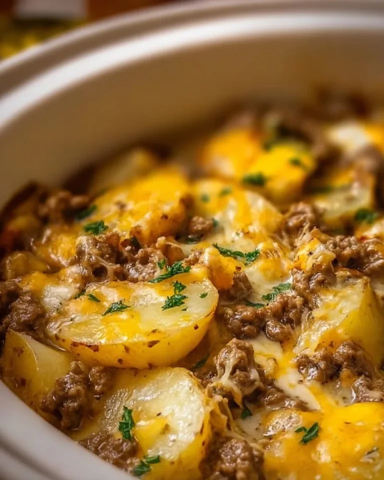 Crockpot Hamburger Potato Casserole with cheese and vegetables