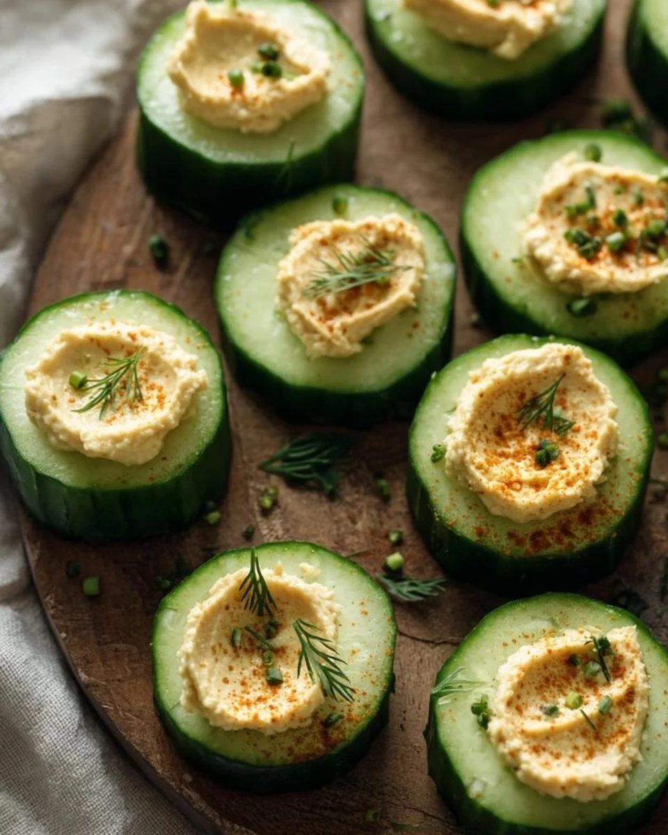 Fresh cucumber topped with creamy hummus for a healthy snack