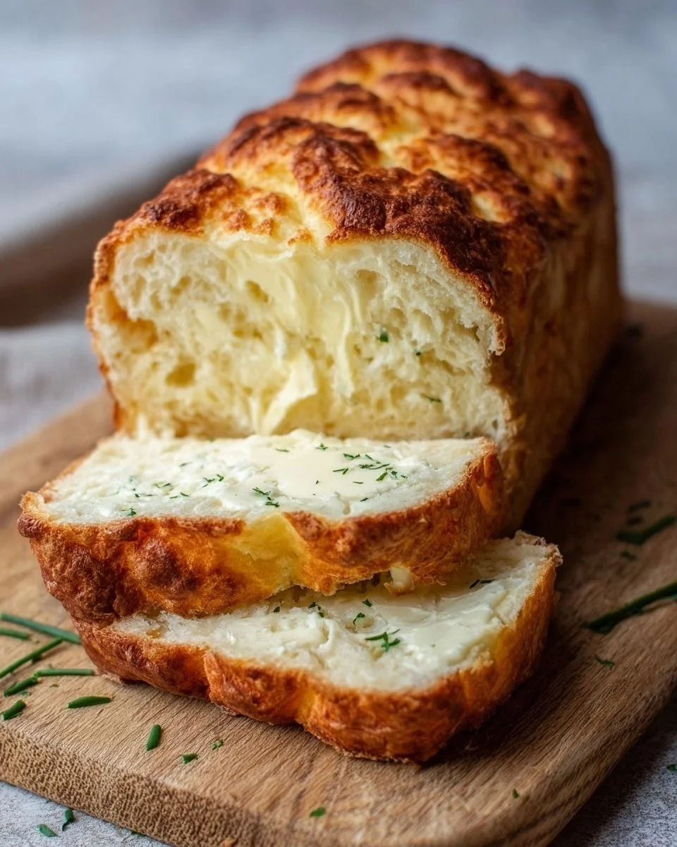 Slice of easy 2-ingredient cottage cheese bread on a wooden cutting board
