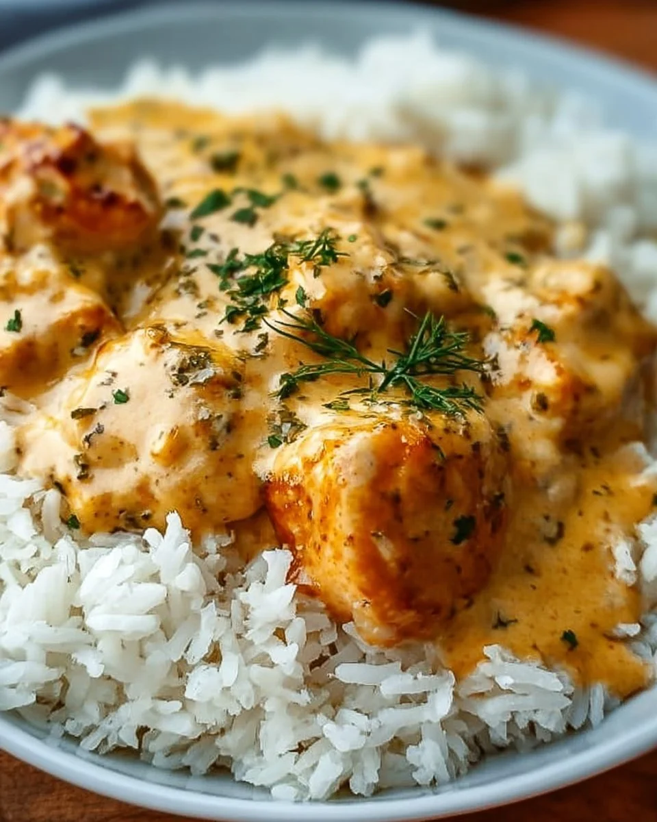 Creamy smothered chicken served with rice on a plate