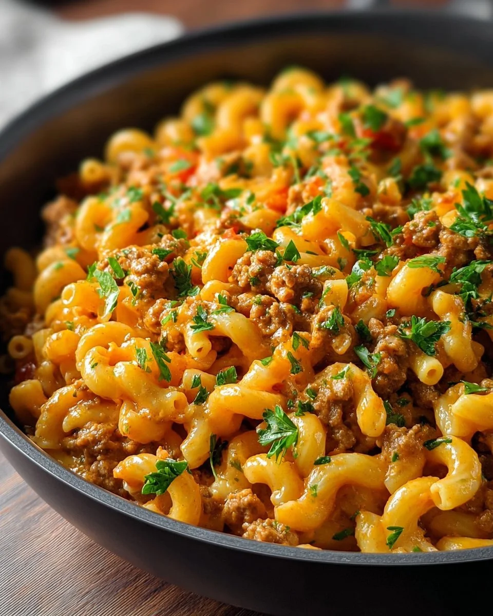 Delicious Ground Turkey Hamburger Helper served in a bowl with fresh herbs.