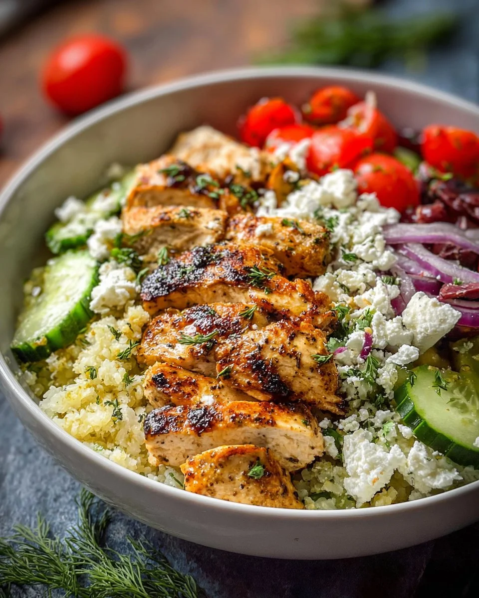 Delicious Fresh Greek Chicken Bowl with vegetables and grains