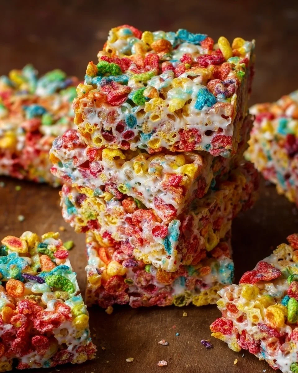 Colorful Fruity Pebbles Rice Krispie Treats stacked on a plate