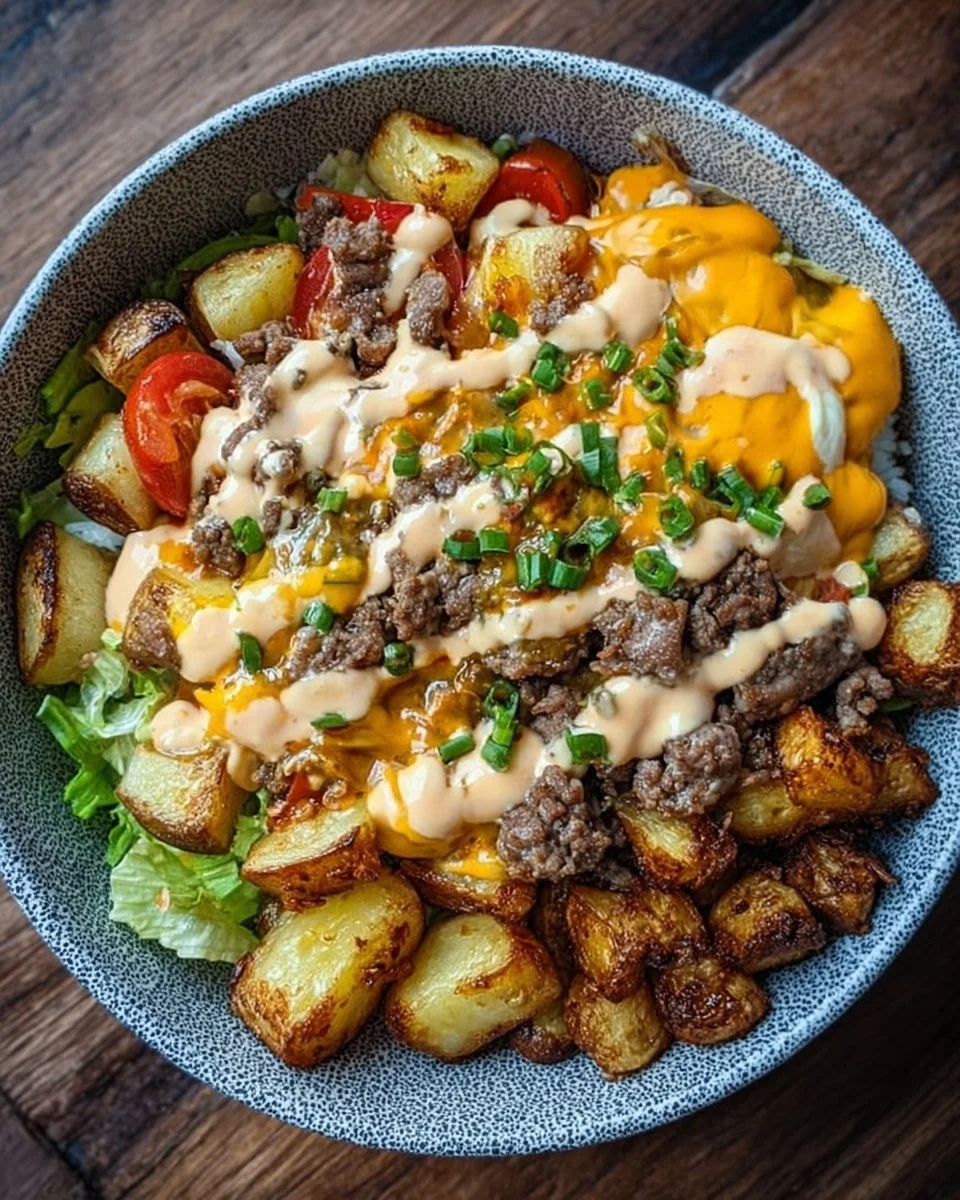 Delicious burger bowl with fresh ingredients in a creative presentation.