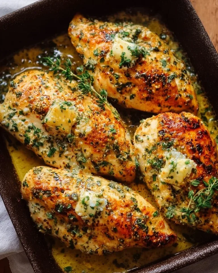 Juicy garlic butter baked chicken breast on a plate with herbs