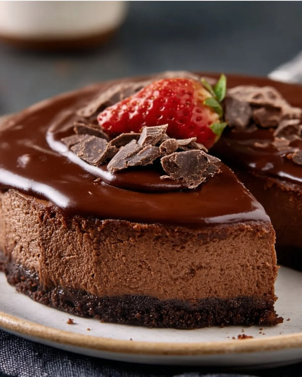Delicious gluten-free chocolate cheesecake topped with chocolate ganache