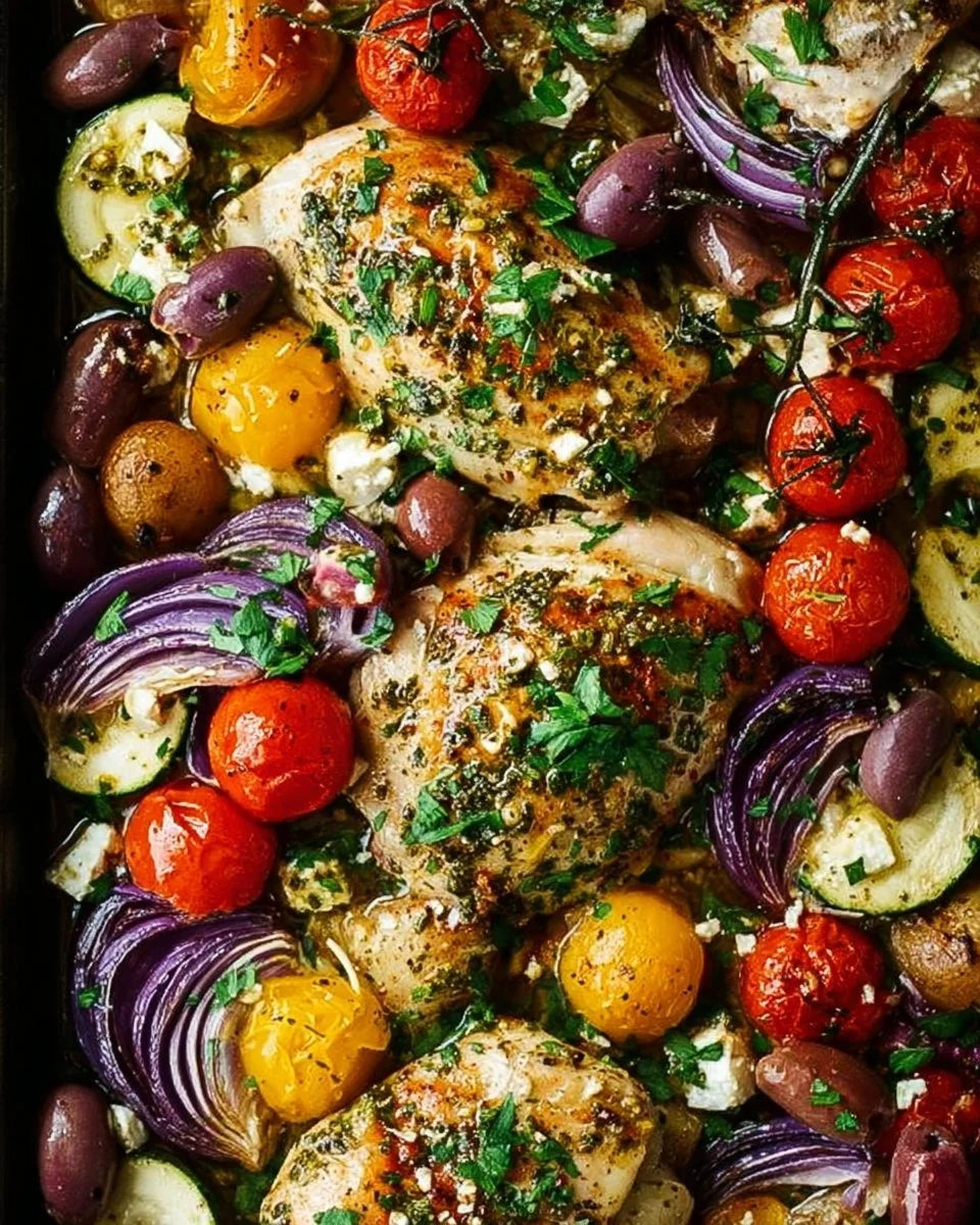 Delicious Greek Sheet Pan Chicken with vegetables on a baking sheet