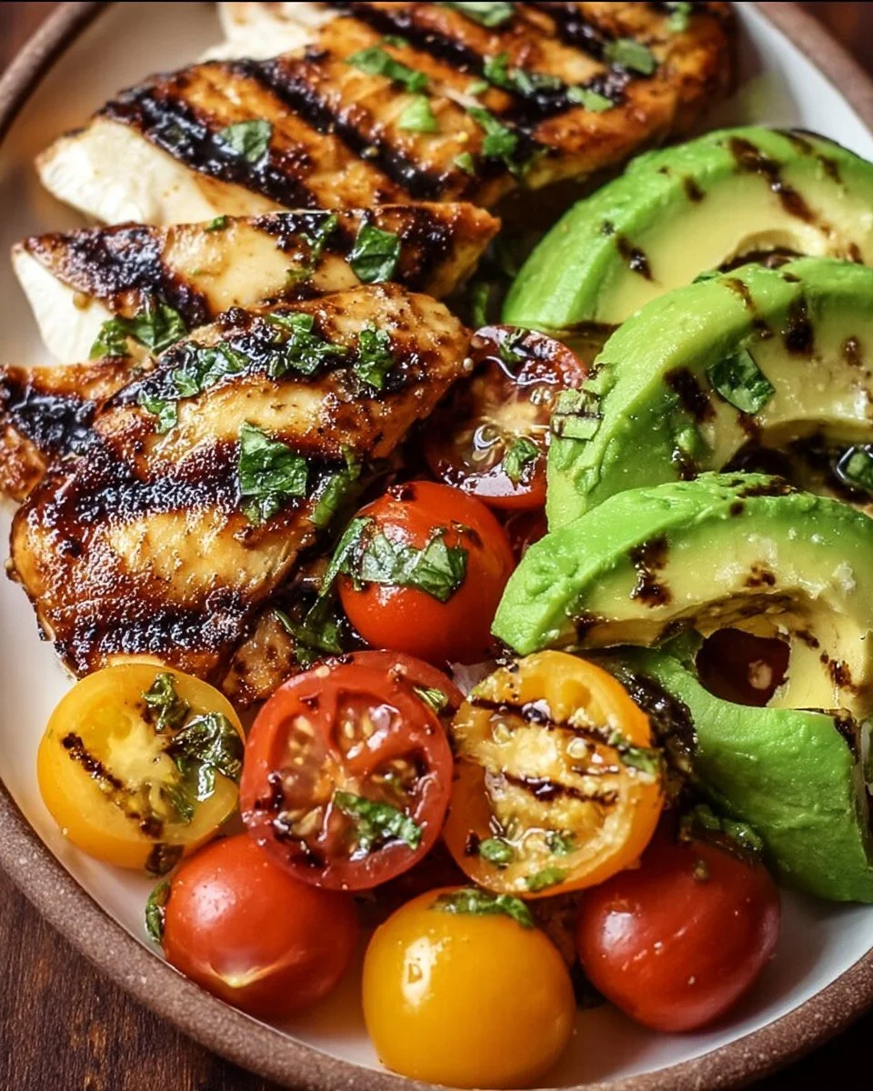 Grilled California avocado chicken served with fresh vegetables on a plate