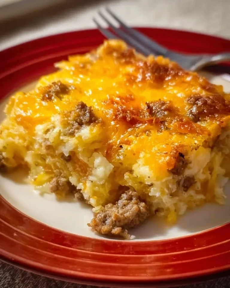 Ground turkey hashbrown casserole fresh from the oven, garnished and ready to serve.