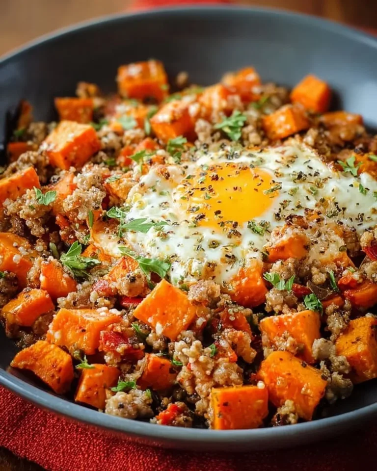 Ground Turkey Sweet Potato Hash with vegetables in a skillet