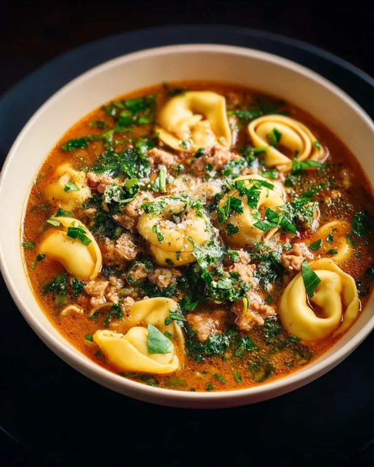 A bowl of Ground Turkey Tortellini Soup garnished with herbs and spices.