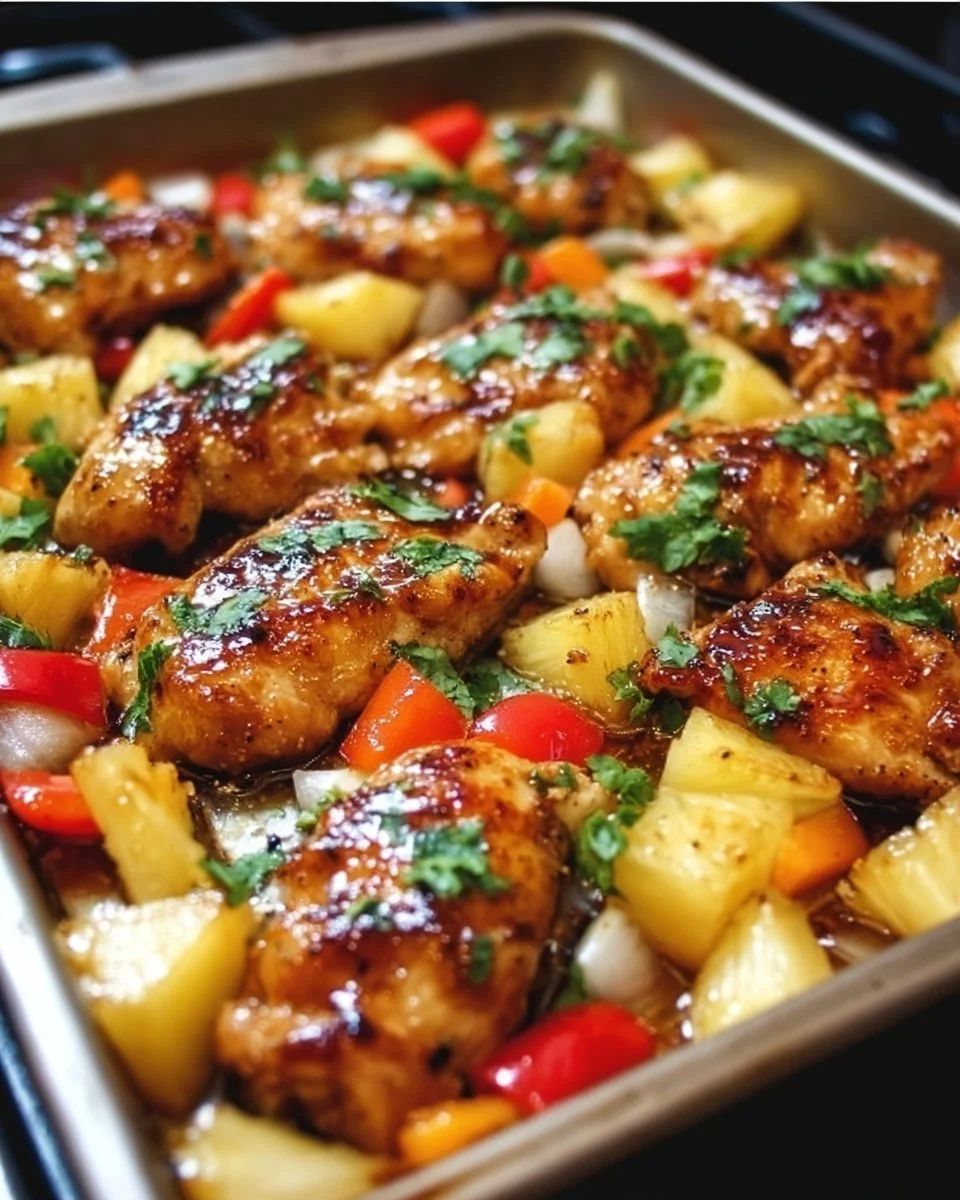 Hawaiian Chicken Sheet Pan with colorful vegetables and tropical sauce