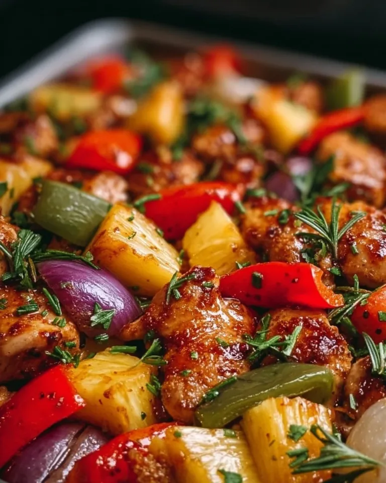Hawaiian-Style Sheet Pan Chicken with colorful vegetables
