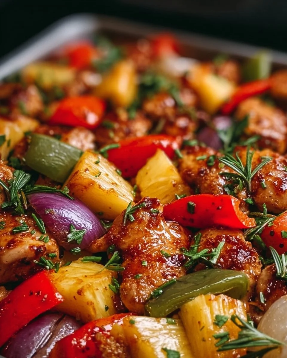 Hawaiian-Style Sheet Pan Chicken with colorful vegetables