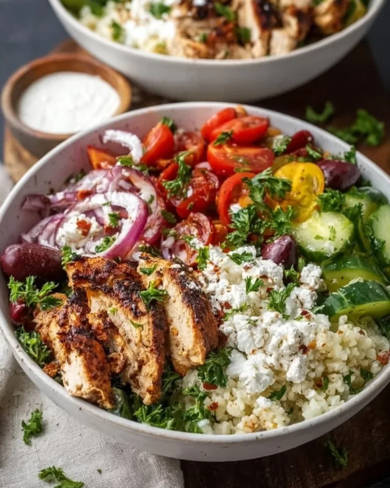 Healthy Greek Chicken Bowls with grilled chicken, vegetables, and Greek dressing