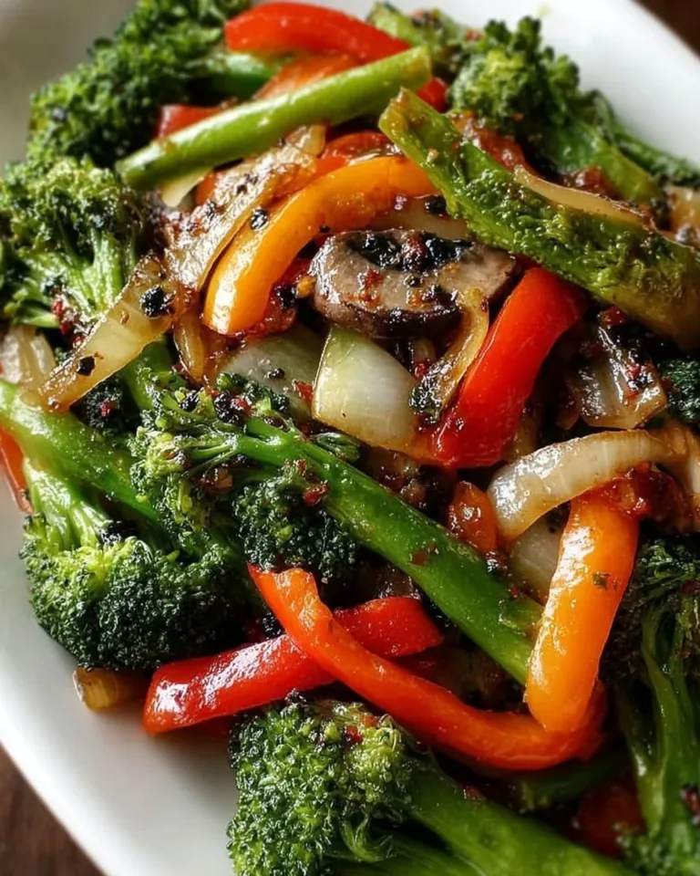 A colorful dish of healthy sautéed vegetables with bell peppers, zucchini, and broccoli.