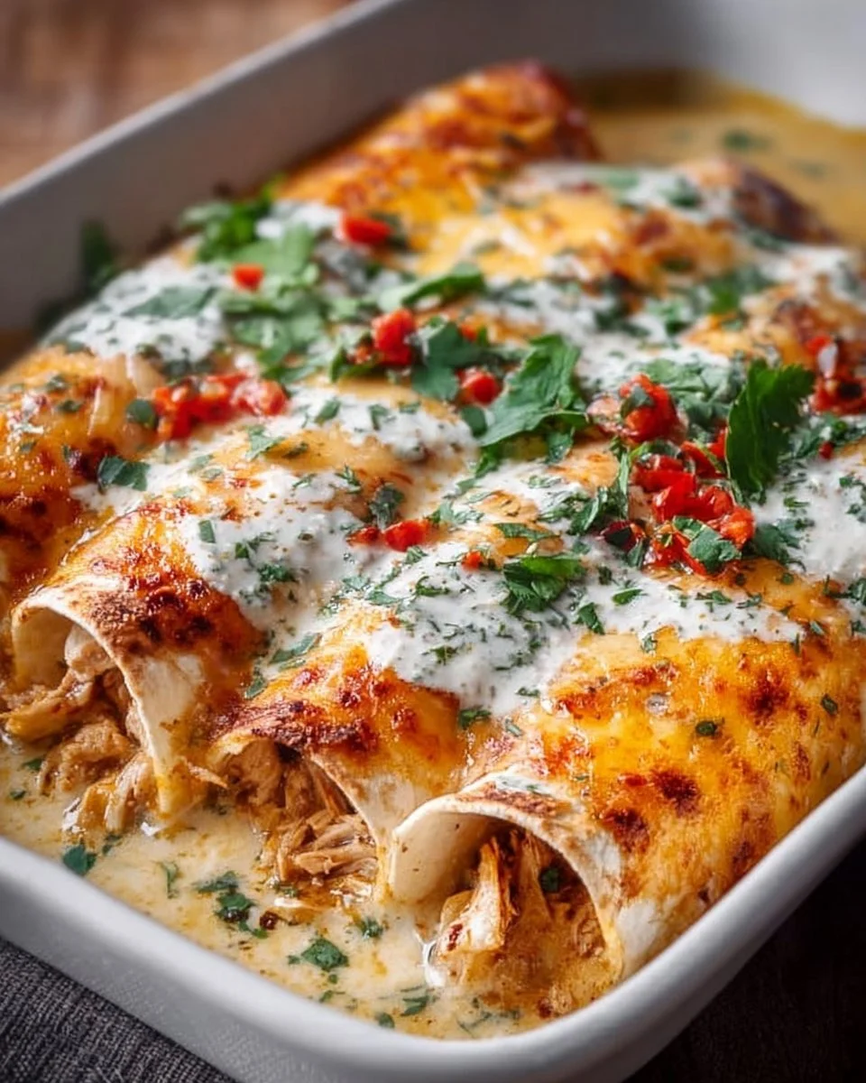 High-protein chicken enchiladas served on a plate with fresh toppings