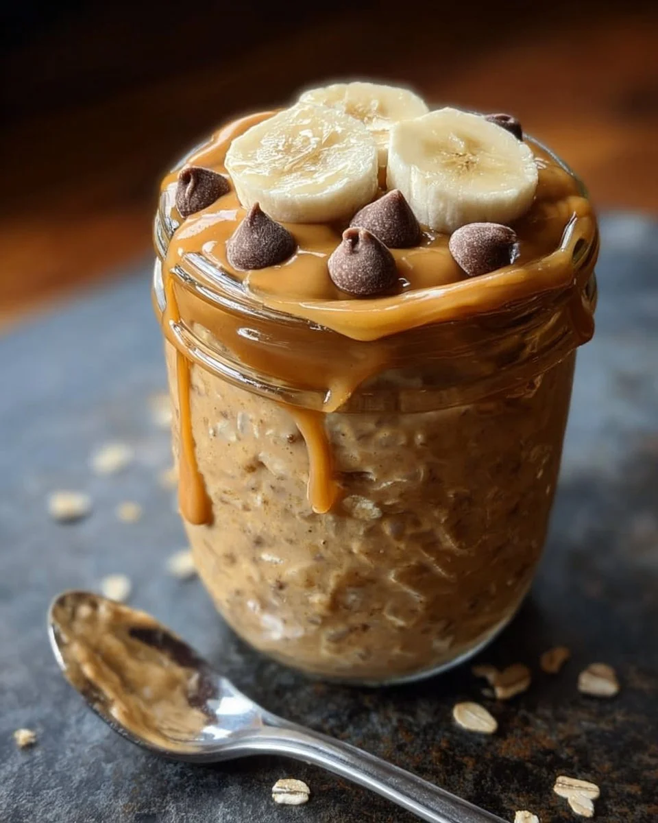 High-protein peanut butter overnight oats in a jar with toppings