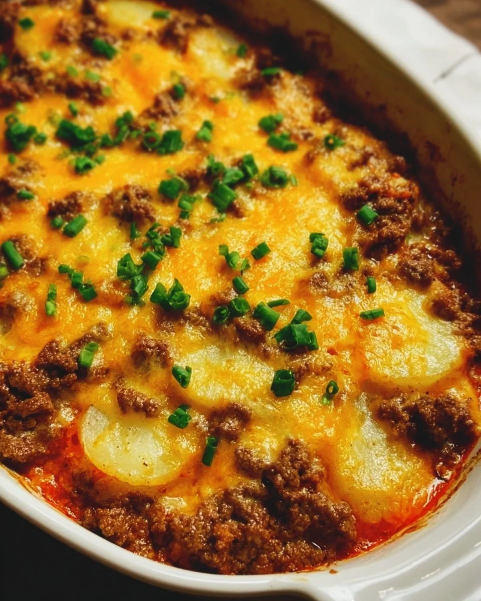 Delicious Hobo Casserole with ground beef and vegetables in a baking dish.