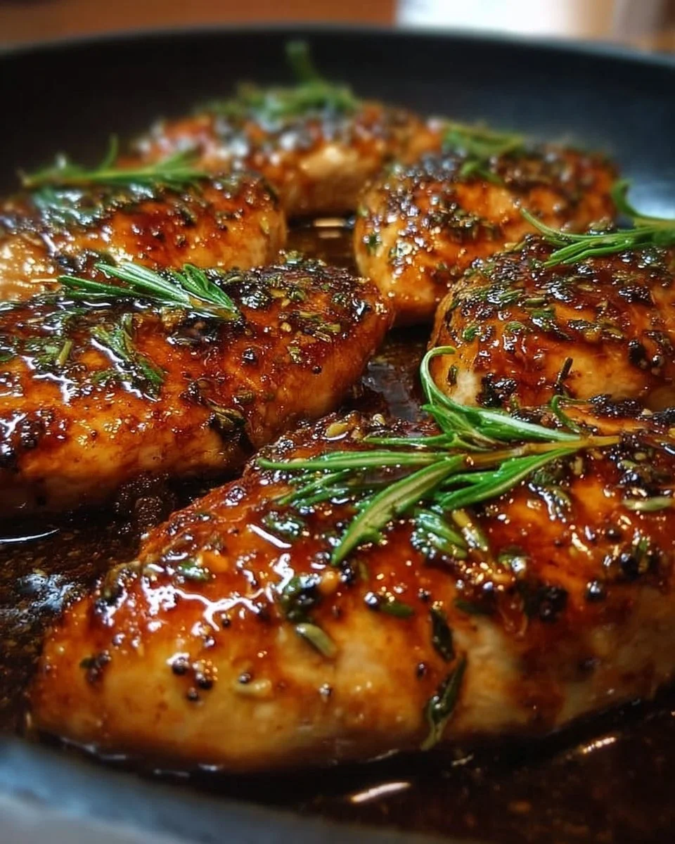 Plate of homemade Honey-Garlic Chicken garnished with herbs
