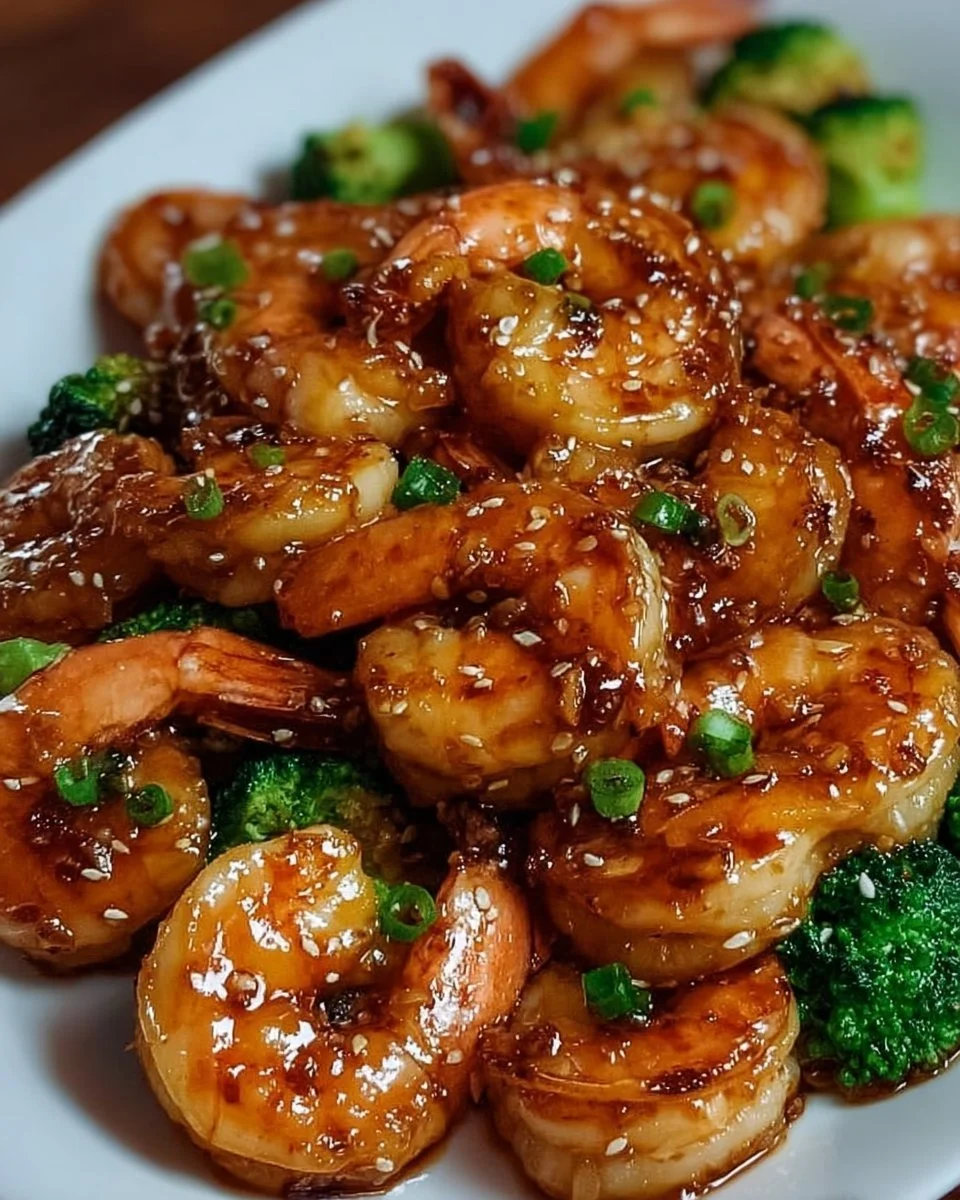 Honey garlic shrimp served with vegetables on a plate